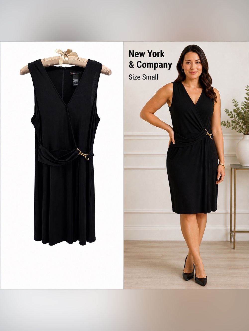 New York & Company Black Wrap Cocktail Dress Size S Sleeveless Gold Buckle